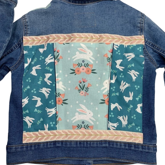 Old Navy Denim Jean Jacket Trucker Pink Aqua Blue Bunny Charm Crafted Girls Med - Picture 6 of 12